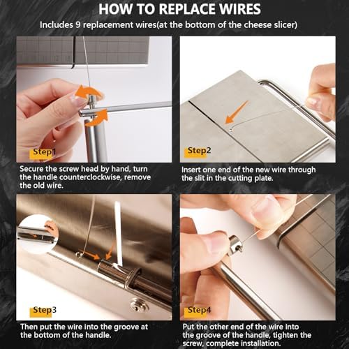 Cheese Slicer with 9 Replacement Wires, Heavy-Duty Stainless Steel Cheese Cutter Board, for Block Cheese, Dishwasher Safe