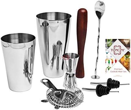 Professional Bartender Kit Cocktail Shaker Set by Toncini | Bartending Tools & Accessories | Stainless Steel Martini Shaker, Strainer, Jigger, Pourers, Muddler, Mixing Spoon, Recipe Book & Velvet Bag