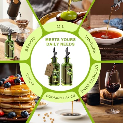 COOLMI Olive Oil Dispenser Bottle Set of 2-12oz Glass Oil & Vinegar Cruet for Kitchen - Leakproof Stainless Steel Pourers, Funnel & Labels - Extra Thick Decanter Container