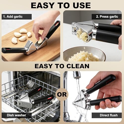 3WAVES Heavy Duty Garlic Press | Built-In Peel Cleaner | Large Chamber fits Multiple Cloves | Easy Squeeze Ergonomic handle | Food-Grade & Independently Tested | Rust Proof Die Cast Zinc Alloy
