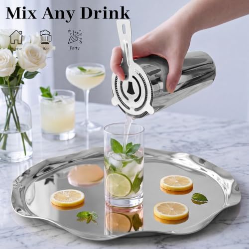 Boston Cocktail Shaker Set, 18 oz & 28 oz 2-Piece Tins, 304 Bartender Kit 15-Piece Bar Tool Set with Acrylic Stand & Recipe Book, for Novices & Pros, Home and Bar Use (Silver)
