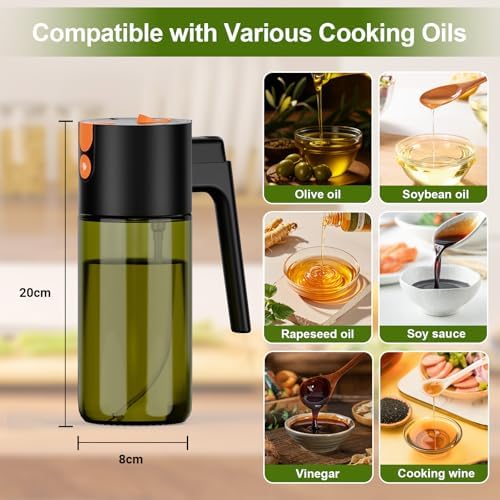 Oil Spray Bottle 500ml, 2-in-1 Spray & Pour Light-Blocking Glass, Refillable Olive Oil Dispenser for Kitchen, Air Fryer, Salad, and Barbecuing, with Brush(Black)