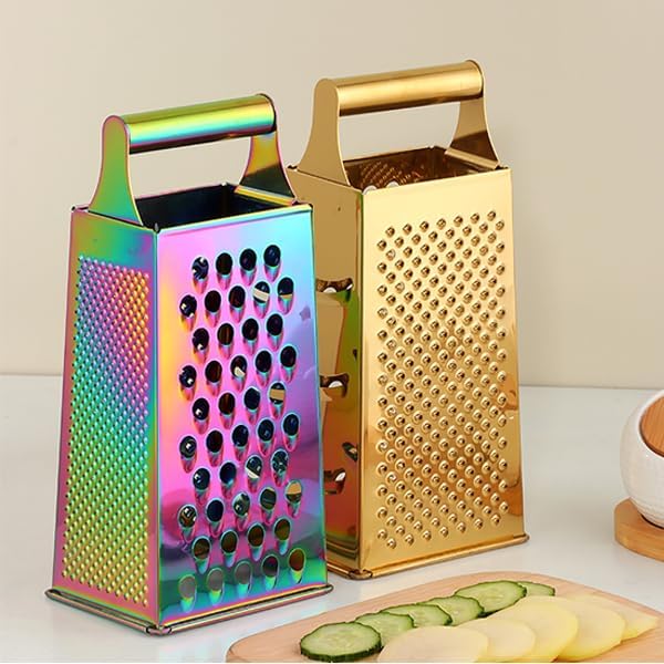 Handheld Cheese Grater Box for Kitchen, Stainless Steel 4 Sided Cheese Grater with Handle for Grinding Shredding & Slicing, Dishwasher Safe (Gold)