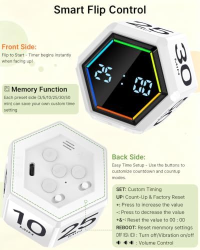 Rotating Pomodoro Timer Cube 3/5/10/25/30/50 min with Colorful Visual Bar