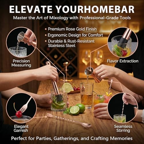 Rosegold Muddler for Cocktails, Matching Jigger and Bar Spoon with Bar Muddler - 3 Pcs Cocktail Muddler Set