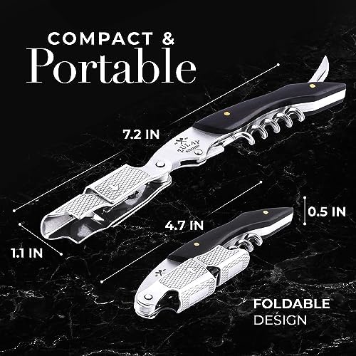 Zulay Kitchen Corkscrew Wine Opener - Premium 420 Stainless Steel & Ebony Wood Wine Bottle Opener - Double Hinged Opener with Foil Cutter & Cap Remover - Ebony Wood