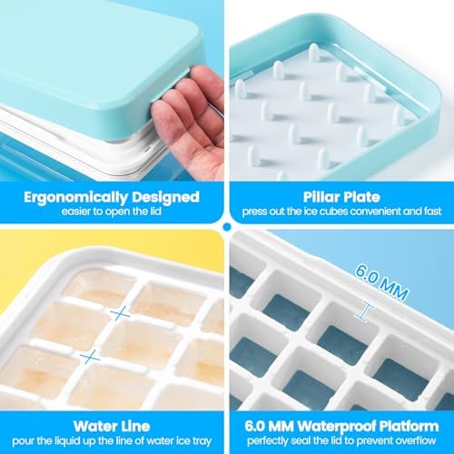 PHINOX Ice Cube Tray with Lid and Bin, Easy Release 84 Cubes for Freezer