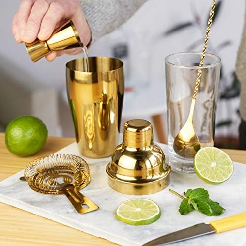 True 4-Piece Cocktail Shaker Set Includes Cobbler Shaker, Strainer, Jigger, Bar Spoon for Classic Cocktails, Mixed Drinks, Cold Brew, Home Bar Tools, Bartender Gifts, Bar Cart Accessories, Gold