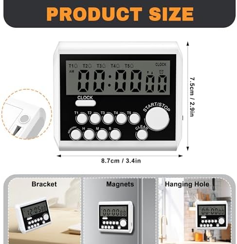 XREXS 5 Channels Digital Kitchen Timer, Clock Mode with Large LCD Display, Cooking Timer, Loud Volume Alarm and Flashing Light with Magnetic Back, Stand, Battery Included