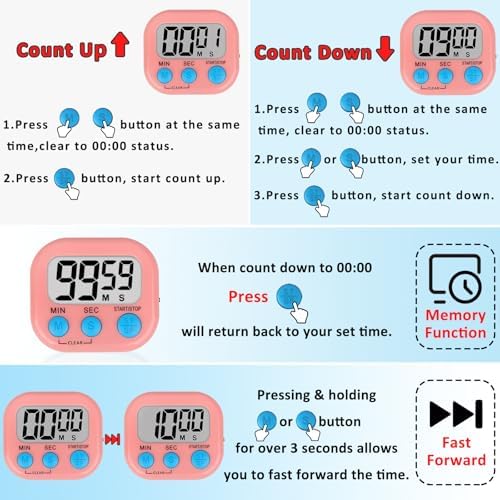 ZILLEEN Digital Kitchen Classroom Timers for Kids Cooking 6pcs Blu Grn Pk