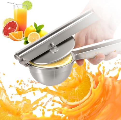 Stainless Steel Lemon Squeezer, Manual Hand Press Juicer with Ergonomic Handle, Garlic Press, Rust Proof Fruits Extractor for Citrus Orange Pomegranates Grapes Lemon Lime