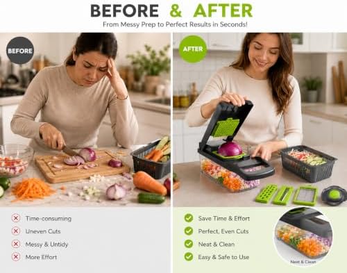 14-in-1 Vegetable Chopper Slicer & Dicer - Manual Food Chopper with Stainless Steel Blades, 1.2L Container for Kitchen, Onion Cutter, Veggie Slicer, Hand Operated, White