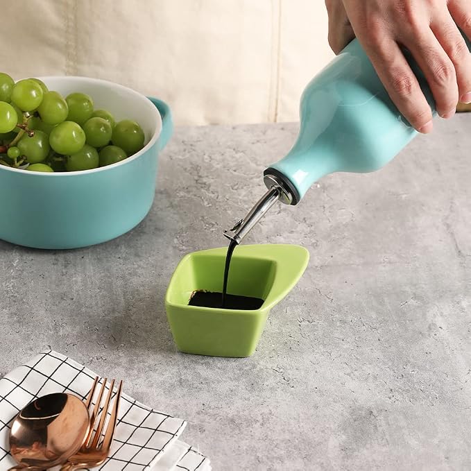 Sweejar Ceramic Olive Oil Dispenser Bottle, 20 Oz Relief Design EVOO Oil and Vinegar Dispensing Bottle with Spout for Kitchen, Set of 1 (Turquoise)