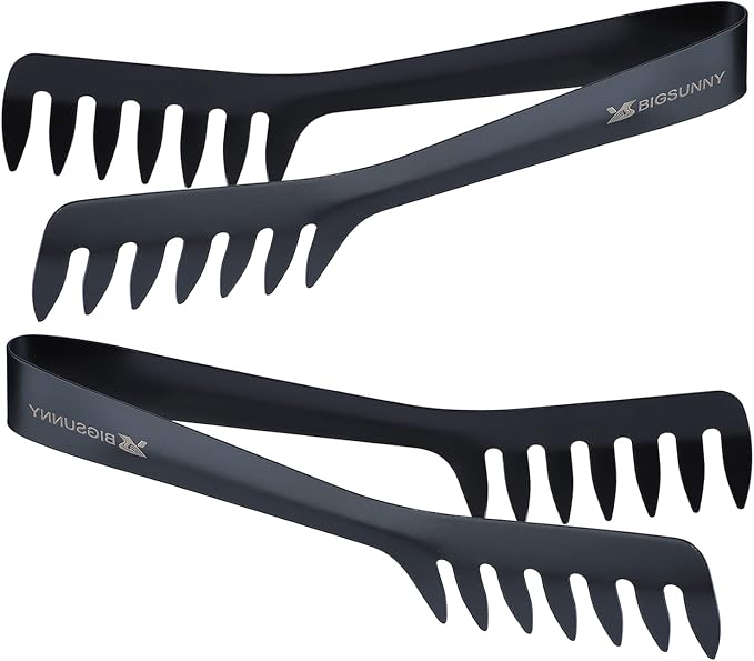MSY BIGSUNNY 8-Inch Pasta Tongs, Stainless Steel Food Serving Tongs, Rust-Proof Spaghetti Tongs (Set of 2, Black)