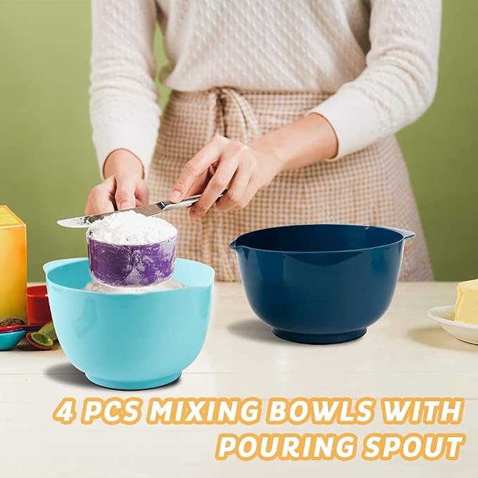 BoxedHome Classic Mixing Bowls Set of 4, BPA Free Plastic, Microwave Safe | 4.5, 3.5, 2.5 and 1.7 qt, Non-slip Base Large Non-toxic Nesting Bowl with Pour Spout, Dishwasher Safe, for Prep, Cooking