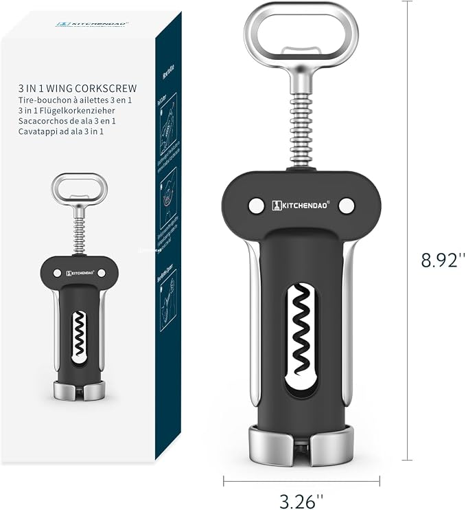 KITCHENDAO Luxury 3 in 1 Wine Opener with Foil Cutter, Beer Bottle Opener, Sturdy Zinc Alloy Wing Corkscrew with Self-centering Non-stick Sharp Screw, Easy to Remove Cork, Manual Corkscrew (Black)