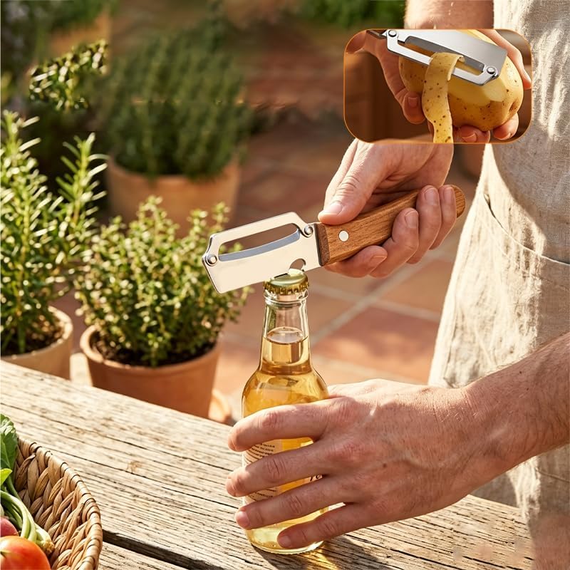 Multifunctional Vegetable Peeler with Wooden Handle, 3-in-1 Stainless Steel Fruit Peeler, Julienne Shredder, Kitchen Bottle Opener, Manual Veggie Slicer for Potatoes & Carrots, Style A 1PC