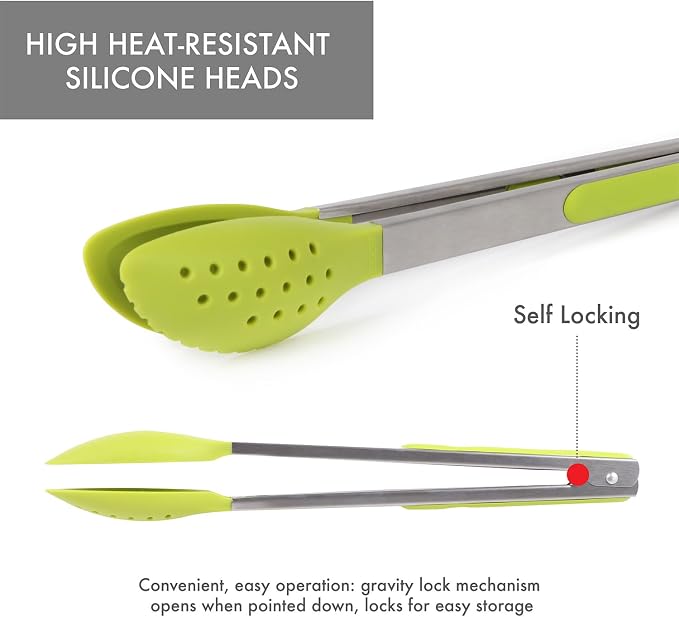 Dexas Spoon & Strain Tongs with Gravity open & Close Operation, 12", Green