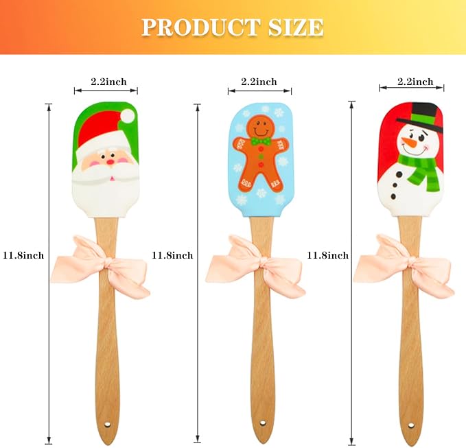 Silicone Spatula, Caliamary 3 Pieces Kitchen Silicone Spatula Set, Christmas Cake Decorating Spatula with Wooden Handle, Snowman Gingerbread Man and Santa Claus Pattern (Snowman)