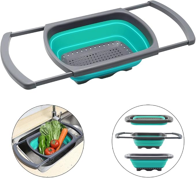 Qimh Colander collapsible, Colander Strainer Over The Sink Vegetable/Fruit Colanders Strainers With Extendable Handles, Folding Strainer for Kitchen,6 Quart