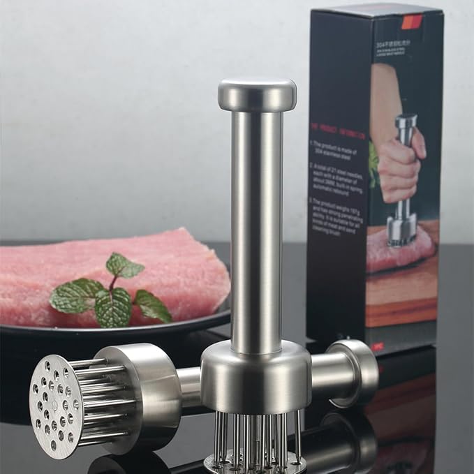 Meat Tenderizer with 21 Sharp Needles, Heavy-Duty Meat Tenderizer Tool with Auto-Rebound Safety Guard, Dishwasher Safe, Includes Cleaning Brush, Silver,304SS