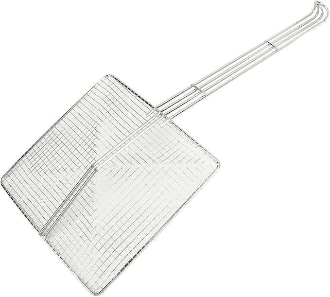 Square Strainer Skimmer, Stainless Steel Square Fryer Skimmer Ladle with Long Handle and Hanging Hook for Kitchen Deep Fryer, Pasta, Noodle(Thick mesh)