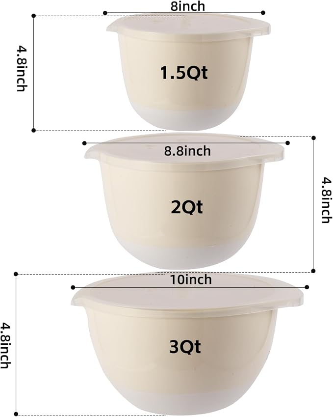 3 Small Plastic Mixing Bowls with Pour Spout,Lids and TPR Non-Slip Bottom,Nesting Batter Bowl Set for Kitchen Prep,Baking,Storage,BPA Free,Easy to Grip,1.5Qt,2Qt,3Qt,White
