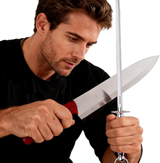 Azhou 12" Professional Knife Sharpener Steel Rod - German Carbon Steel (HRC 66±1), Fine 300 Grit for Kitchen & Chef Knives, Easy to Use with Non-Slip Wooden Handle & Gift Box