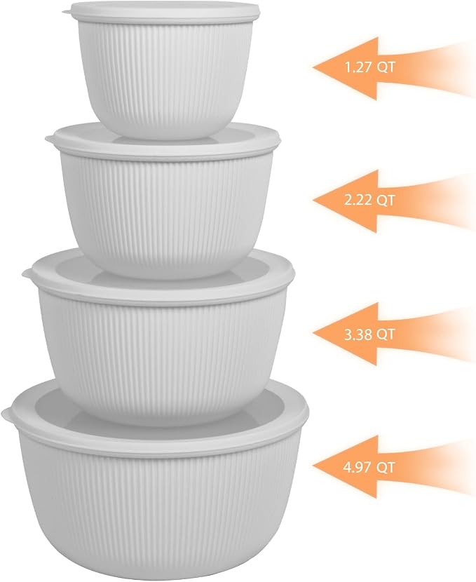 BoxedHome 4.97 Quarts Nesting Plastic Mixing Bowls, BPA-Free Plastic, Microwave and Dishwasher Safe, Set of 4, 4.97/3.38/2.22/1.27 quart, Gray