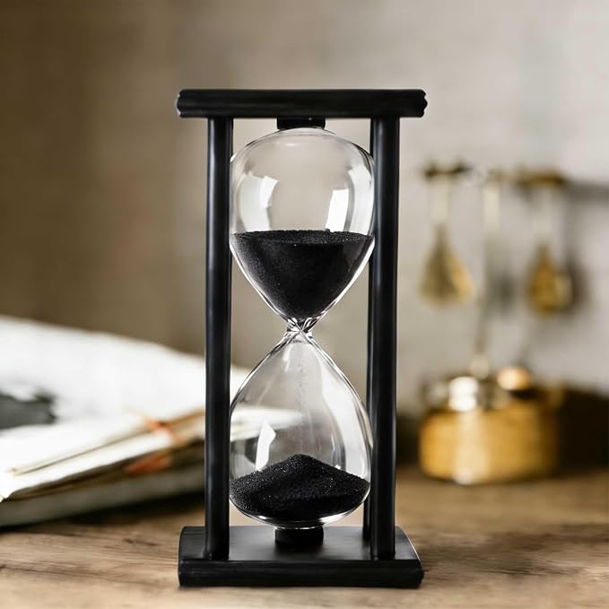 SAMLONG Hourglass 60 Minutes Black Sand Timer, Black Wooden Frame Sandglass