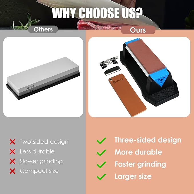 Large Knife Sharpening Stone, Tri-Stone Knife Sharpener, 3 Sides Grit 400/1000/5000, Whetstone Knife Sharpener with Non-Slip Base, Angle Guide & Leather Strop, for Kitchen Knives and Pocket Knives