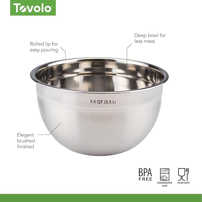 Tovolo Medium Stainless Steel Mixing Bowl 3.5 Quart Nesting Metal Bowl with Rounder Lip Edge, Dishwasher Safe Single Metal Bowl Kitchen Prep Essential, Whisking Bowl for Baking and Cooking