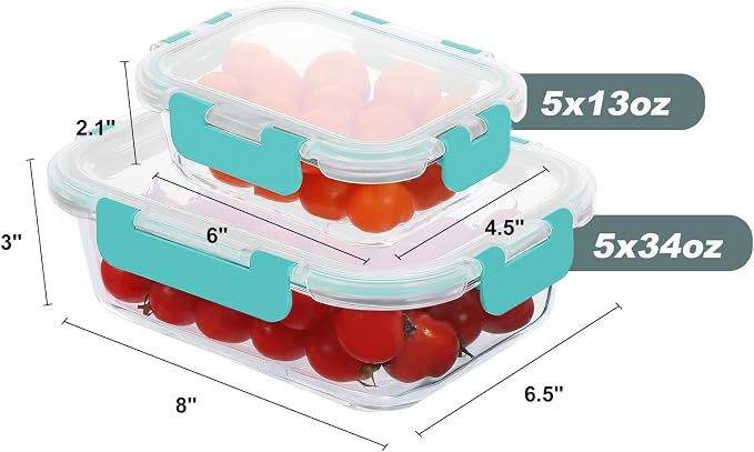 10 Pack Glass Food Storage Containers with Lids, Green | Meal Prep Containers Set, Airtight Glass Lunch Boxes, BPA-Free, Freezer, Oven, and Microwave Safe
