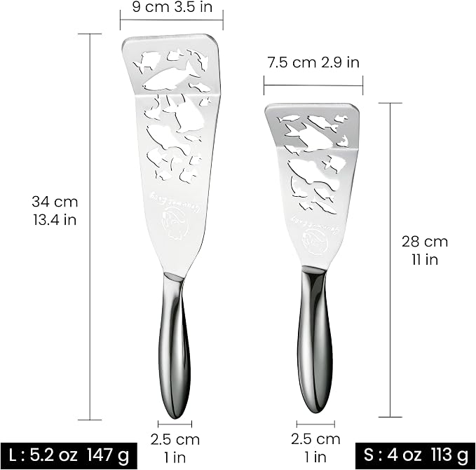 Stainless Steel Fish Spatula Set – Funky Fish Edition, 1 Large Fish Turner + 1 Small Metal Spatula, Ultra-Thin Edge for Easy Turning & Flipping, Ergonomic Non-Slip Handle, Dishwasher Safe