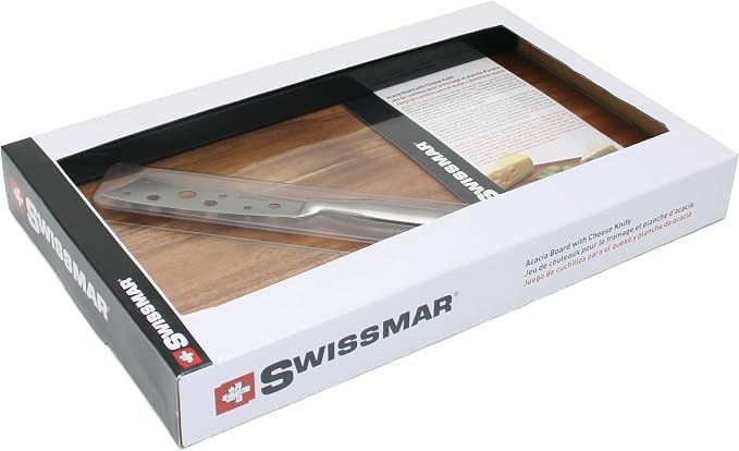 Swissmar Acacia Cheese Board Set – Wooden Serving & Cutting Board with Non-Slip Base and Stainless Steel Knife – Durable, Water-Resistant - Perfect for Kitchen Collection - 15" x 10”