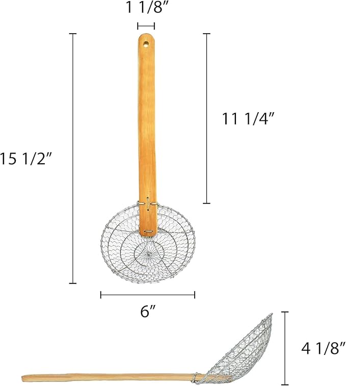 TrueCraftware- 6” Coarse Mesh Skimmer Galvanized Steel with Natural Bamboo Handle- Spider Strainer Ladle Kitchen Frying Food Pasta Spaghetti for Cooking and Frying Pasta Strainer Spoon