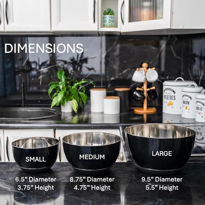 Stainless Steel Mixing Bowls Set, 3-Piece with Silicone Base | 1.5, 3 & 5 Qt Metal Bowls for Meal Prep, Baking, Cooking, Serving & Food Storage, Non-Slip Base, Dishwasher Safe, Black