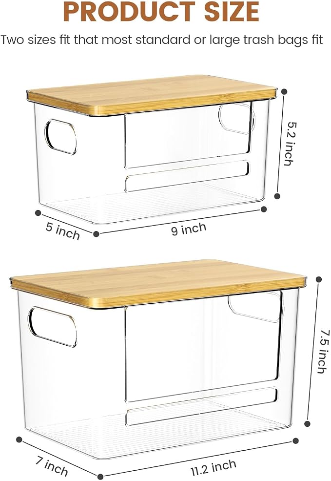 Trash Bag Dispenser 2 Pack (XL+S) - Trash Bag Holder with Bamboo Top | Acrylic Garbage Bags Dispenser Under Sink Organizer for Pantry, Kitchen, Laundry Room, Cabinet 2 Pack (XL+S)