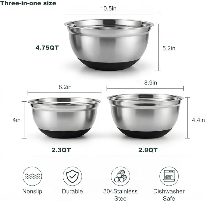 3pk Metal Mixing Bowls Set ,Stainless Steel Prep Bowls– 2.3/2.9/4.75 Qt | With Non-Slip Silicone Base, Nesting Design & Dishwasher Safe for Baking, Meal Prep, Salad Serving & Food Storage