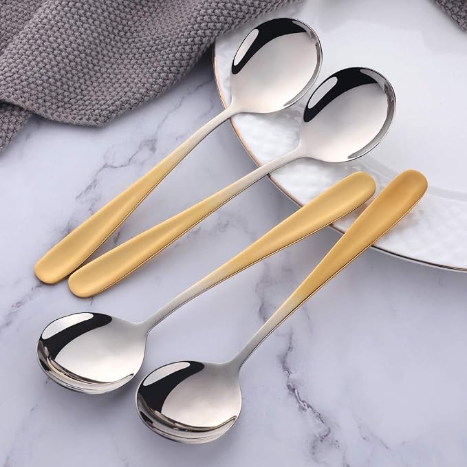 Buyer Star Bouillon Spoon Sets, 7-Inch Round Soup Spoons, Stainless Steel Finished Table Dinner Spoons (Gradient Gold)