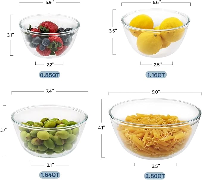 Cuiselect 4pc Glass Mixing Bowls with Lids Set (2.80QT, 1.64QT, 1.16QT, 0.85QT), Thick Salad Bowl, Nesting Glass Mixing Bowl for Cooking, Baking, Prepping-Dishwasher Microwave Freezer Safe