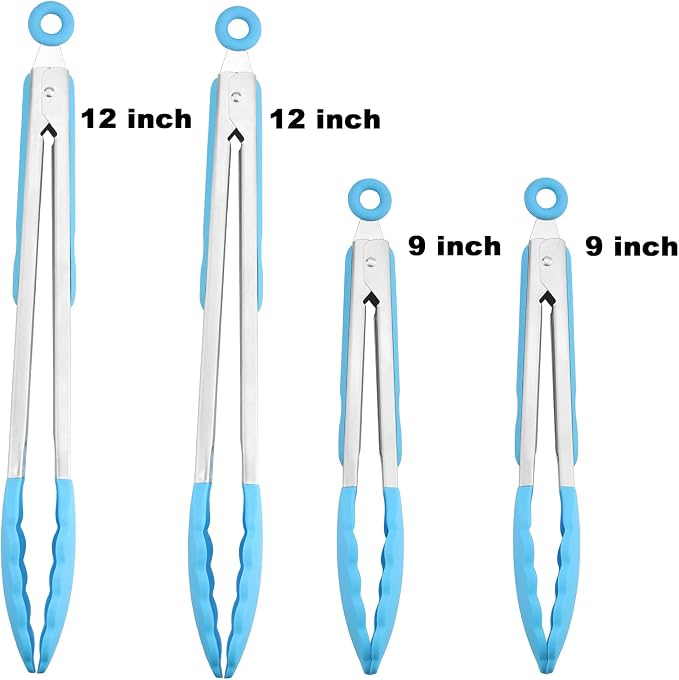 4 Pack Blue Kitchen Tongs, Premium Silicone BPA Free Non-Stick Stainless Steel BBQ Cooking Grilling Locking Food Tongs, 9-Inch & 12-Inch