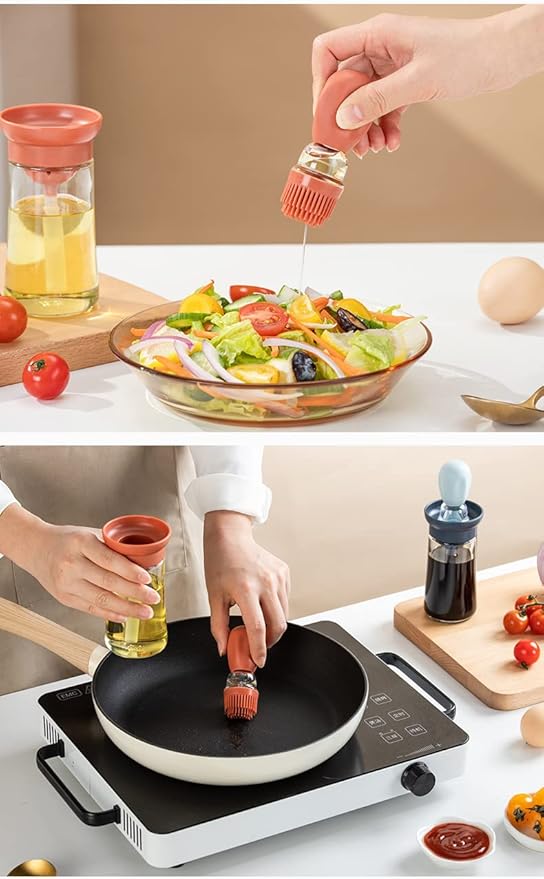 Oil Dispenser with Brush - 3 Pack Glass 2 IN 1 Oil Dispensing Bottle with Basting Brush for Cooking Frying Baking Kitchen, 180ml, T-OB21 Blue+Green+Red