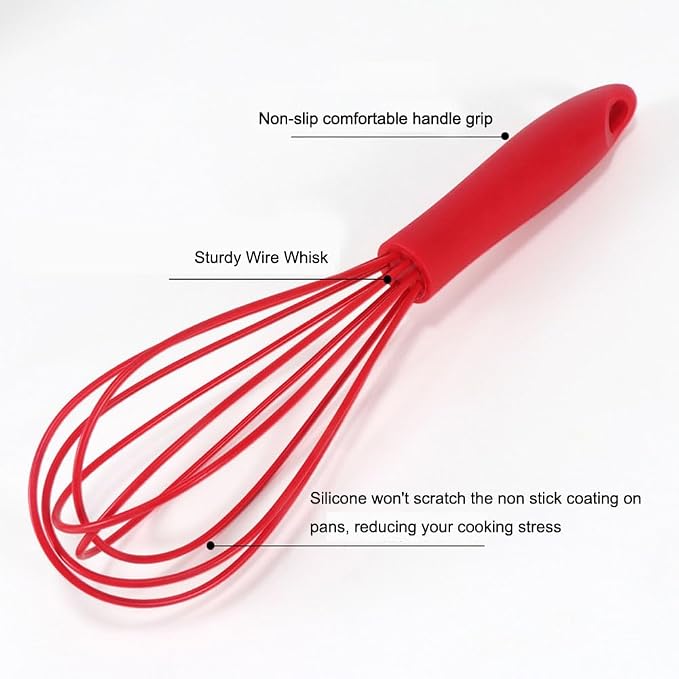 Silicone Whisk, 16 Piece Commercial Non-Scratch Balloon Wire Whisk for Cooking, Manual Red Egg Beater Milk Frother Coffee Whisks, Suitable for Blending, Whisking, Beating and Stirring