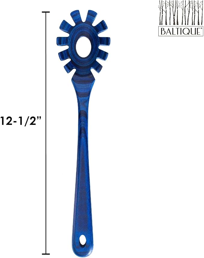 Baltique Malta Collection Wooden Spaghetti Spoon – 12.5" Pasta Server with Teeth, Colorful Birch Wood Utensil for Portioning, Stirring & Serving Noodles