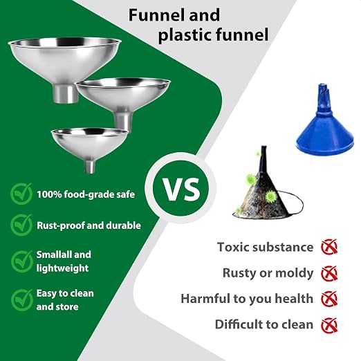 3-Piece Stainless Steel Kitchen Funnel Set, Includes 3 Sizes for transferring seasonings, Oils, Liquids, Dry Goods and Powders. Durable and Reusable, with Easy Cleaning.