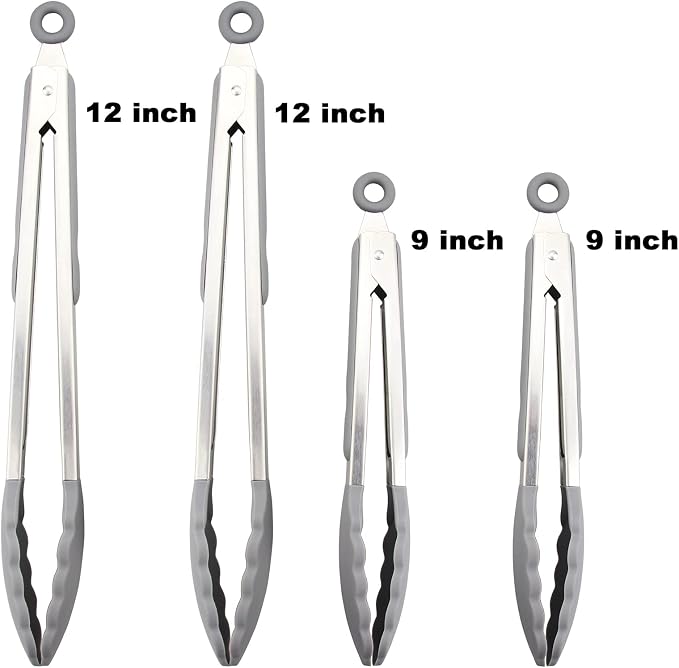 4 Pack Aqua Sky Kitchen Tongs, Premium Silicone BPA Free Non-Stick Stainless Steel BBQ Cooking Grilling Locking Food Tongs, 9-Inch & 12-Inch
