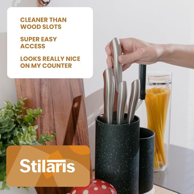 Stilaris Universal Knife Block & Utensil Holder - Dual Slotless Bristle Stand for Chef Knives, Scissors & Spatulas - Weighted Non-Slip Base, Modern Speckled Design, Easy Clean Removable Insert