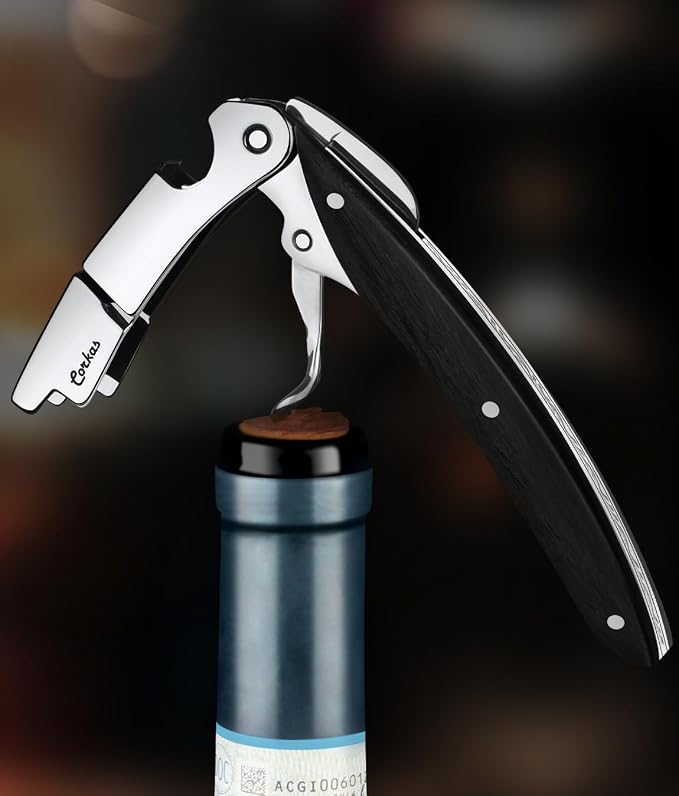 Wine Key - CORKAS Prestige Waiter Corkscrew with Ebony Handle, Handcrafted Wine Opener Manual with Double Hinged, Foil Cutter and Bottle Opener, Ideal Gifts for Sommelier, Bartenders, Servers