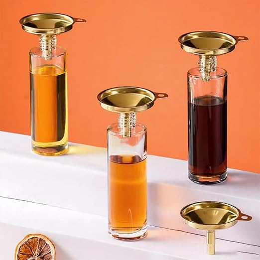 Gold Stainless Steel Funnels for Kitchen Use, Large Tiny Small Funnel Set of 3 with 2Pcs Cleaning Brush Set for Filling Bottles Oil Liquor Water Spice (Gold)